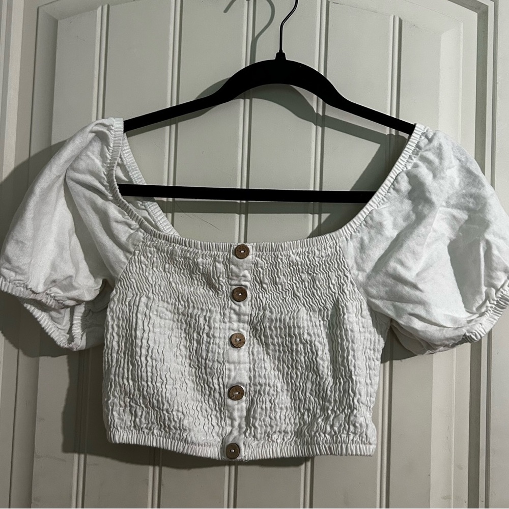 White Puff Sleeve Smocked Crop Blouse